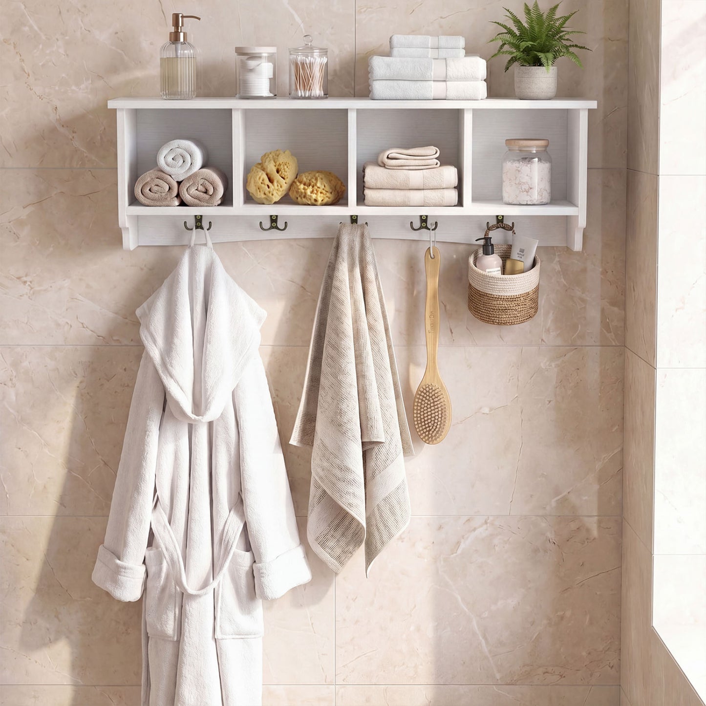 Wall-Mounted Coat Rack with 4 Cubbies and 5 Double Hooks