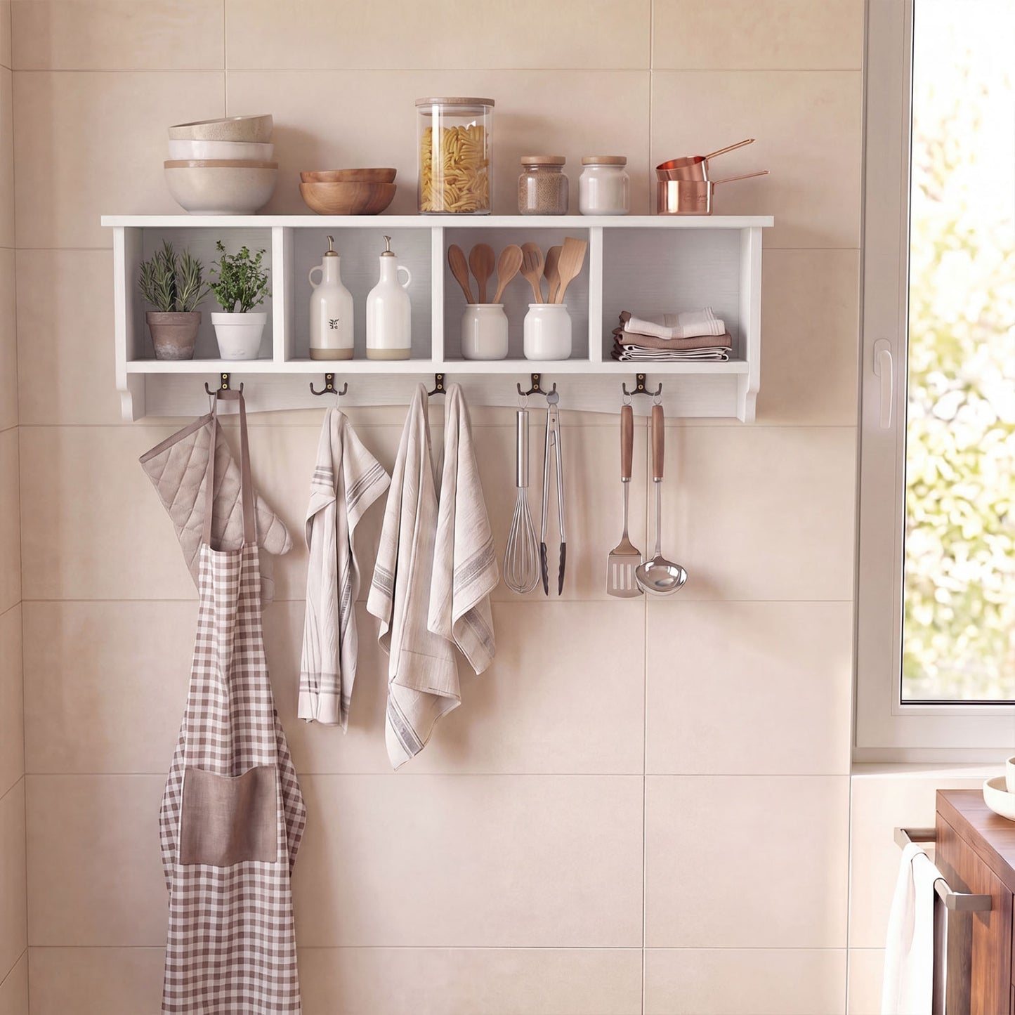 Wall-Mounted Coat Rack with 4 Cubbies and 5 Double Hooks
