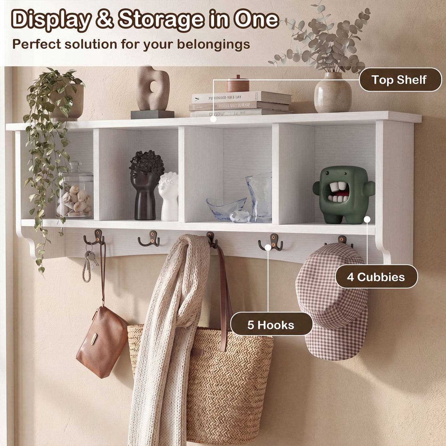 Wall-Mounted Coat Rack with 4 Cubbies and 5 Double Hooks