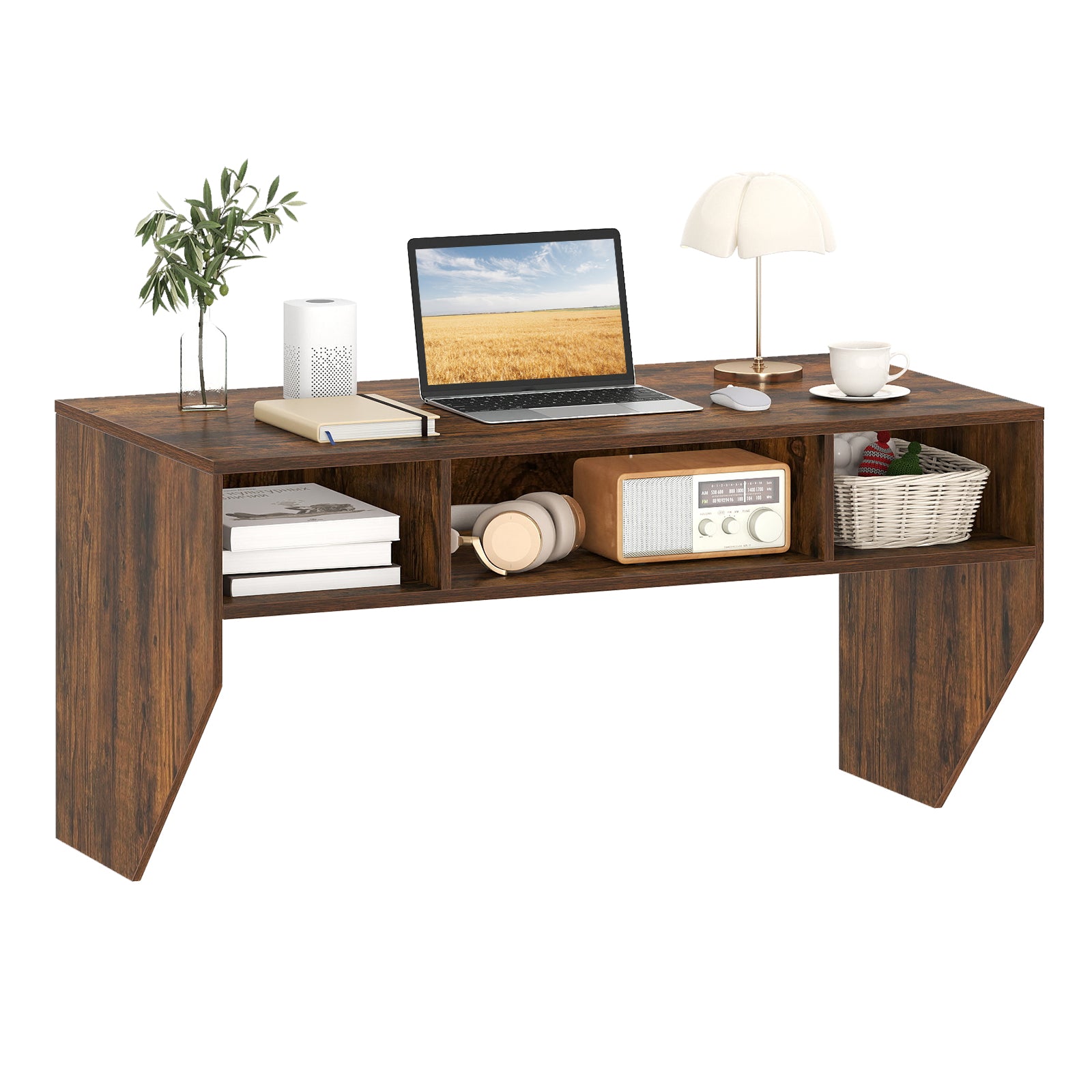 Wall-Mounted Computer Desk Floating Laptop Desk with 3 Storage Compartments-Rustic Brown
