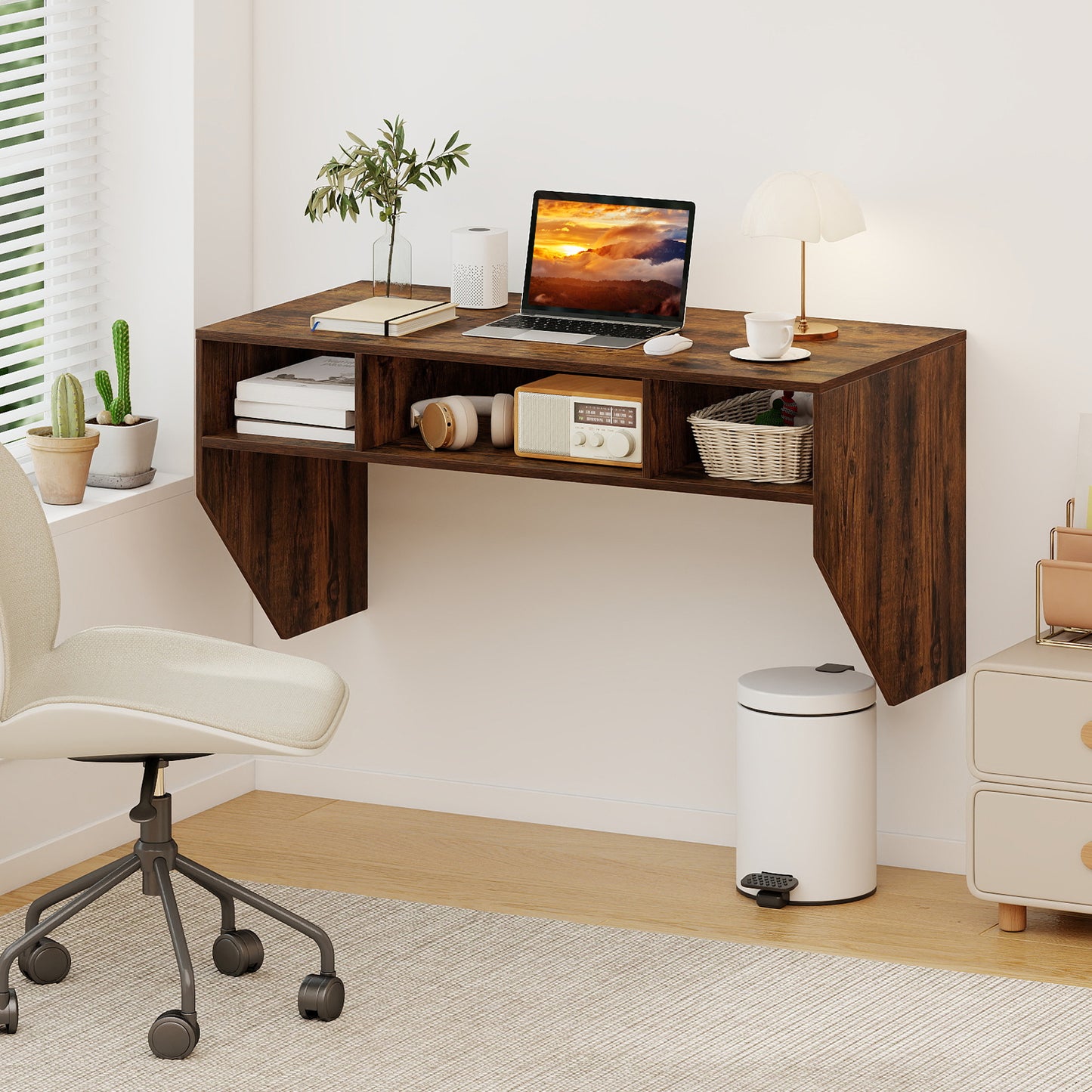 Wall-Mounted Computer Desk Floating Laptop Desk with 3 Storage Compartments-Rustic Brown