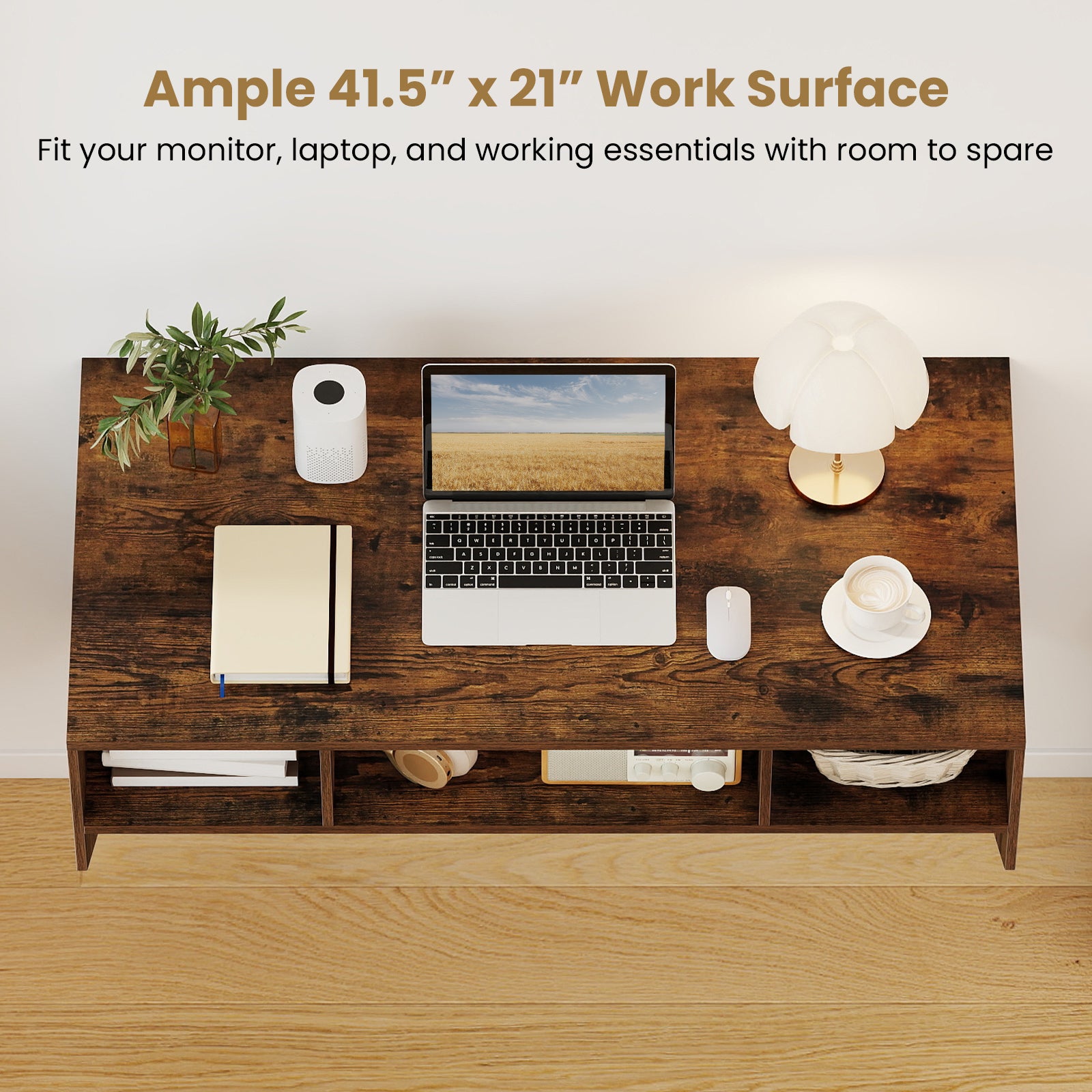 Wall-Mounted Computer Desk Floating Laptop Desk with 3 Storage Compartments-Rustic Brown