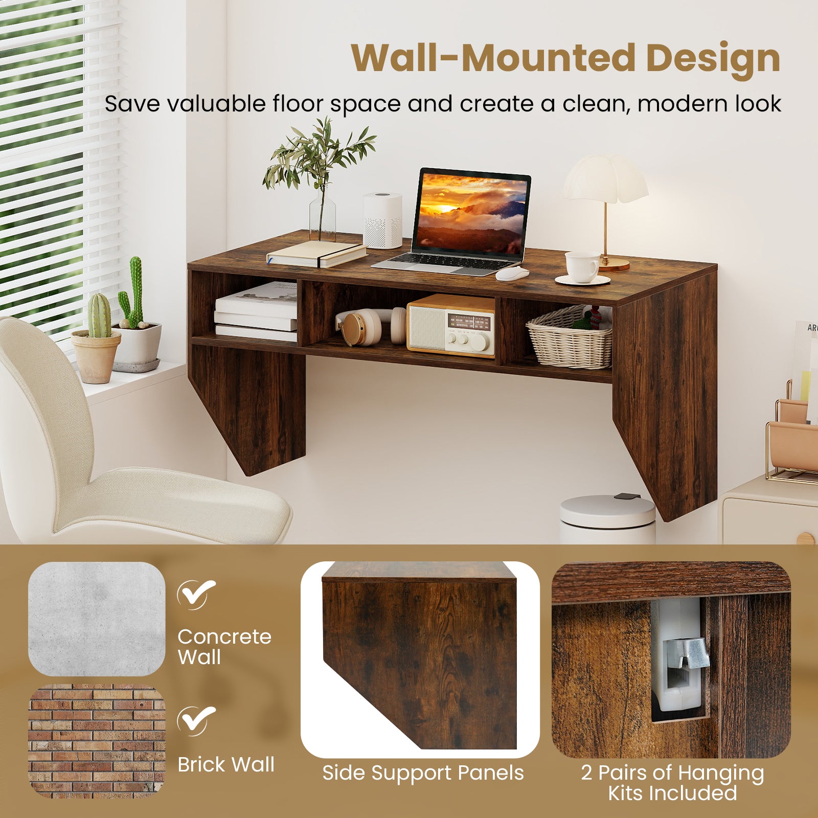 Wall-Mounted Computer Desk Floating Laptop Desk with 3 Storage Compartments-Rustic Brown
