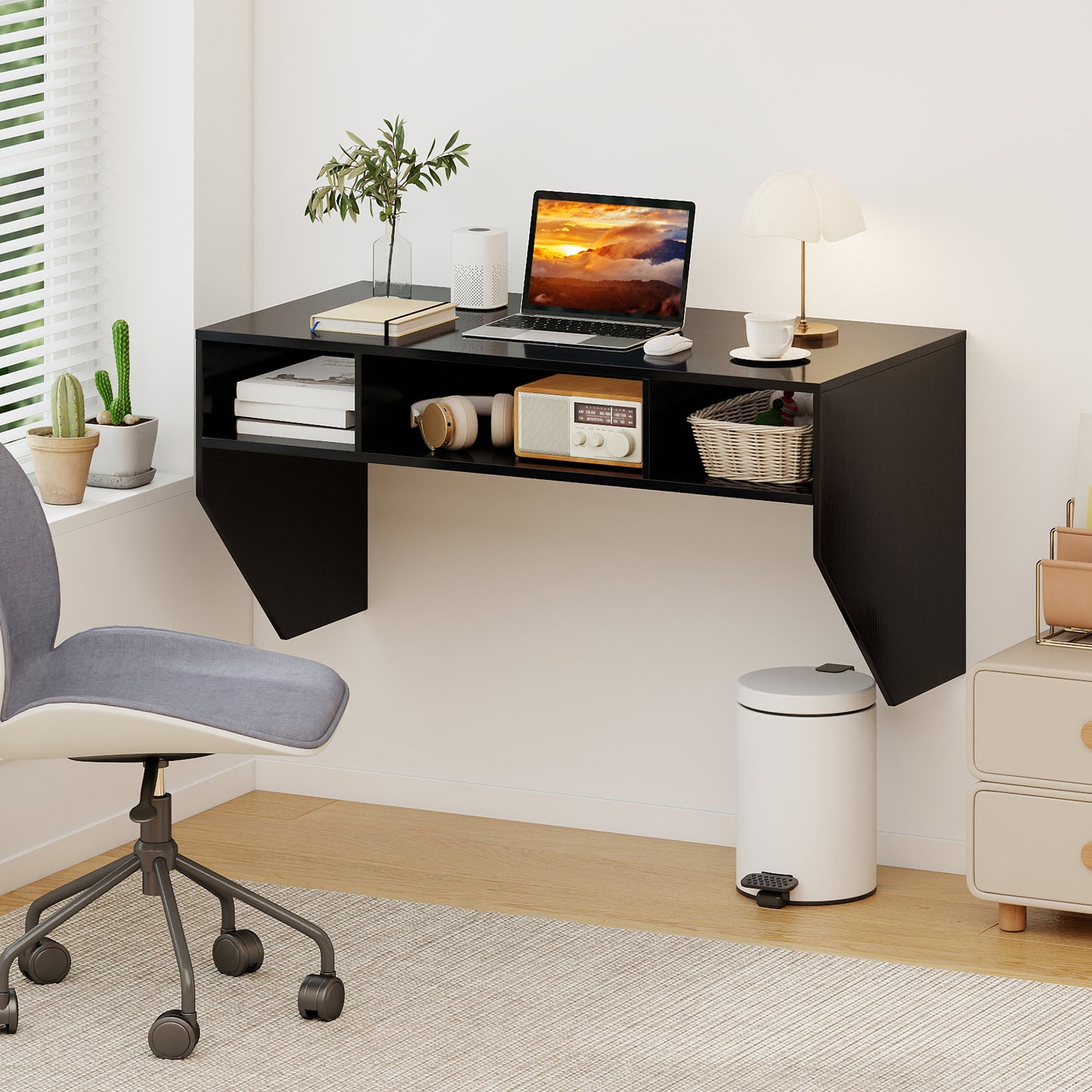 Wall-Mounted Computer Desk Floating Laptop Desk with 3 Storage Compartments-Black