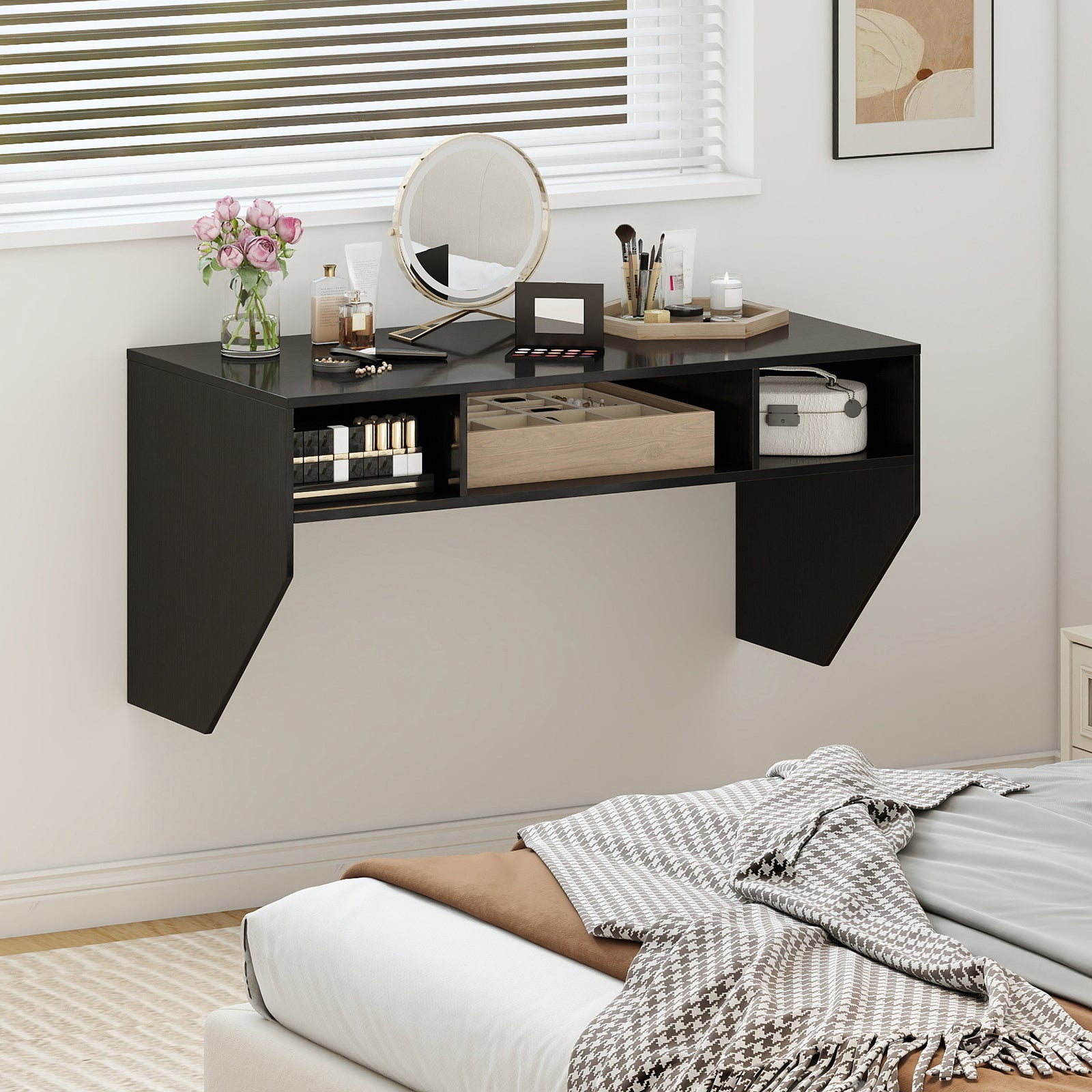 Wall-Mounted Computer Desk Floating Laptop Desk with 3 Storage Compartments-Black