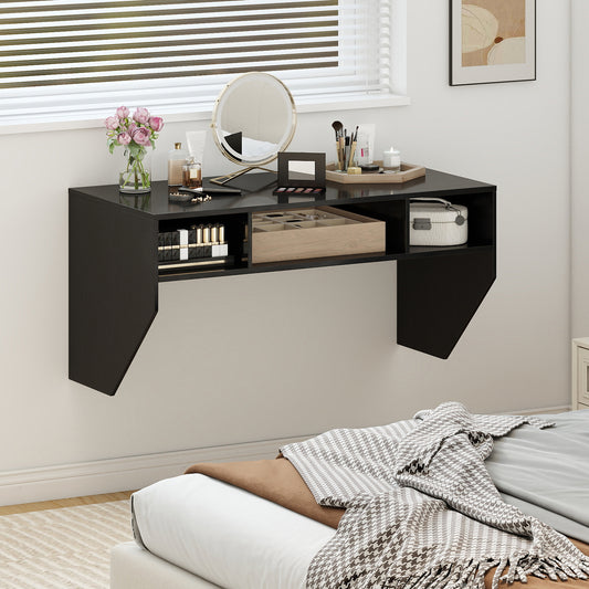 Wall-Mounted Computer Desk Floating Laptop Desk with 3 Storage Compartments-Black