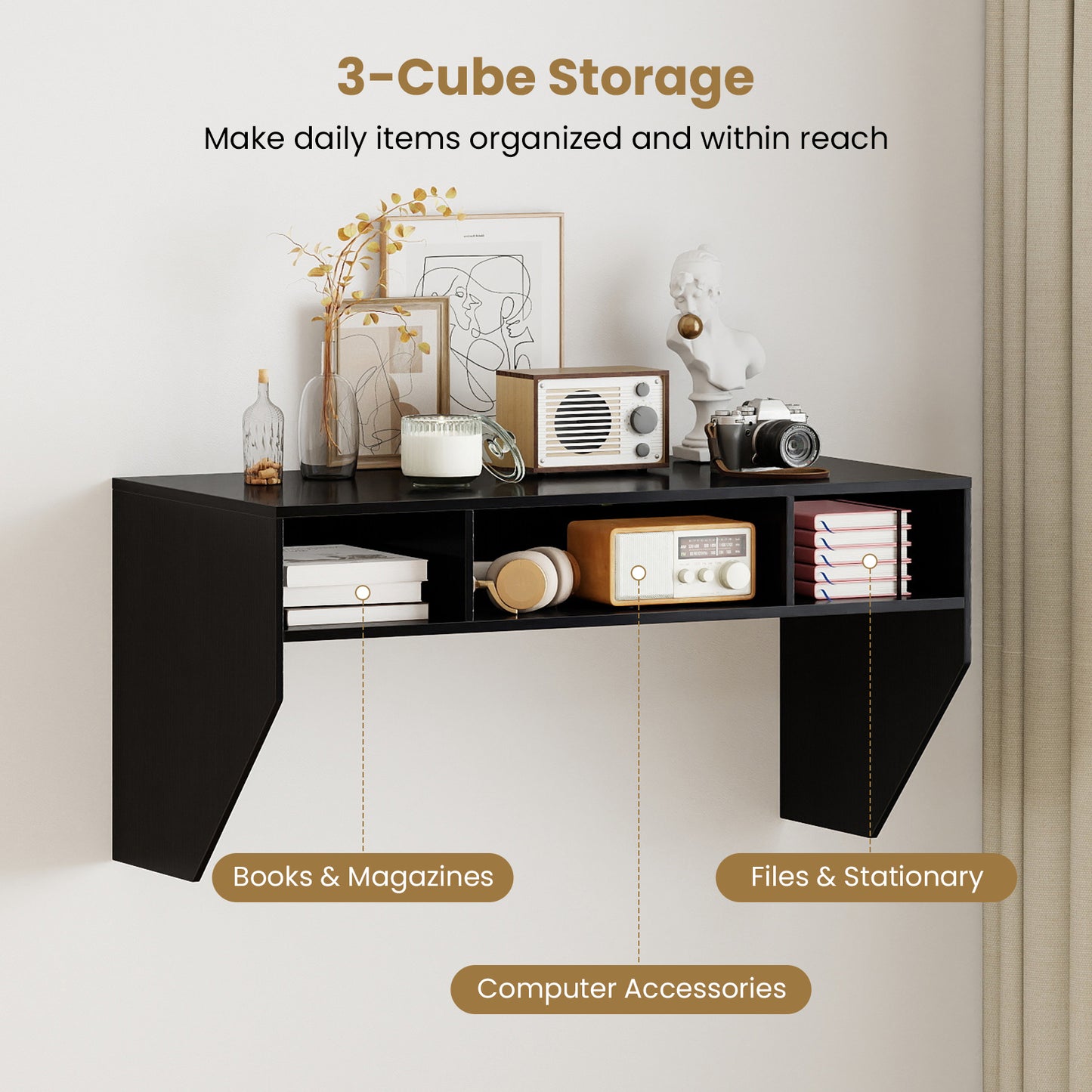 Wall-Mounted Computer Desk Floating Laptop Desk with 3 Storage Compartments-Black