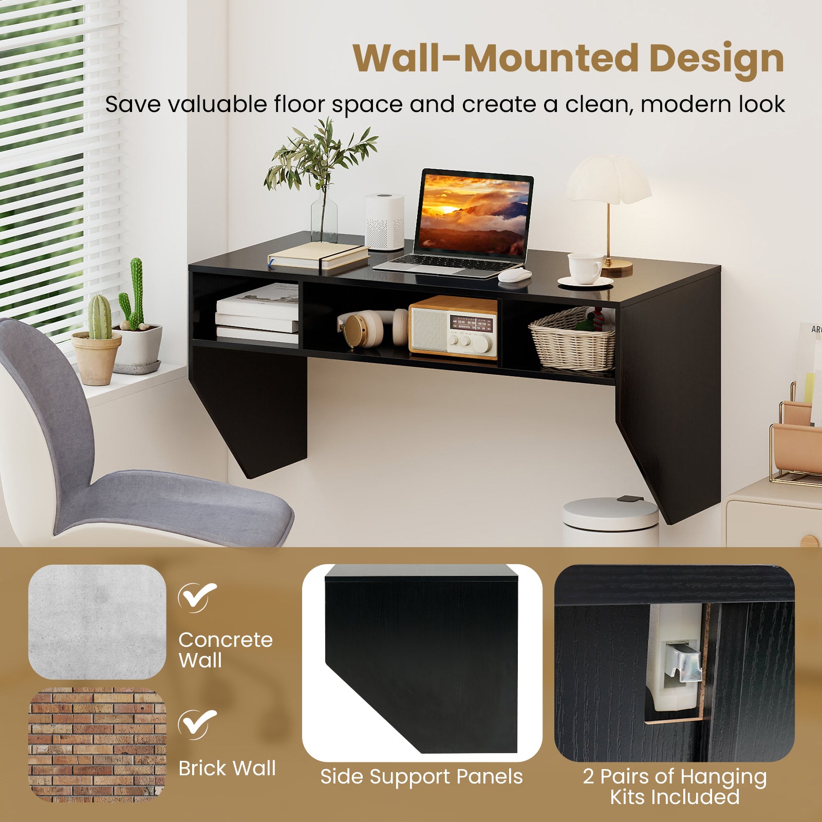 Wall-Mounted Computer Desk Floating Laptop Desk with 3 Storage Compartments-Black