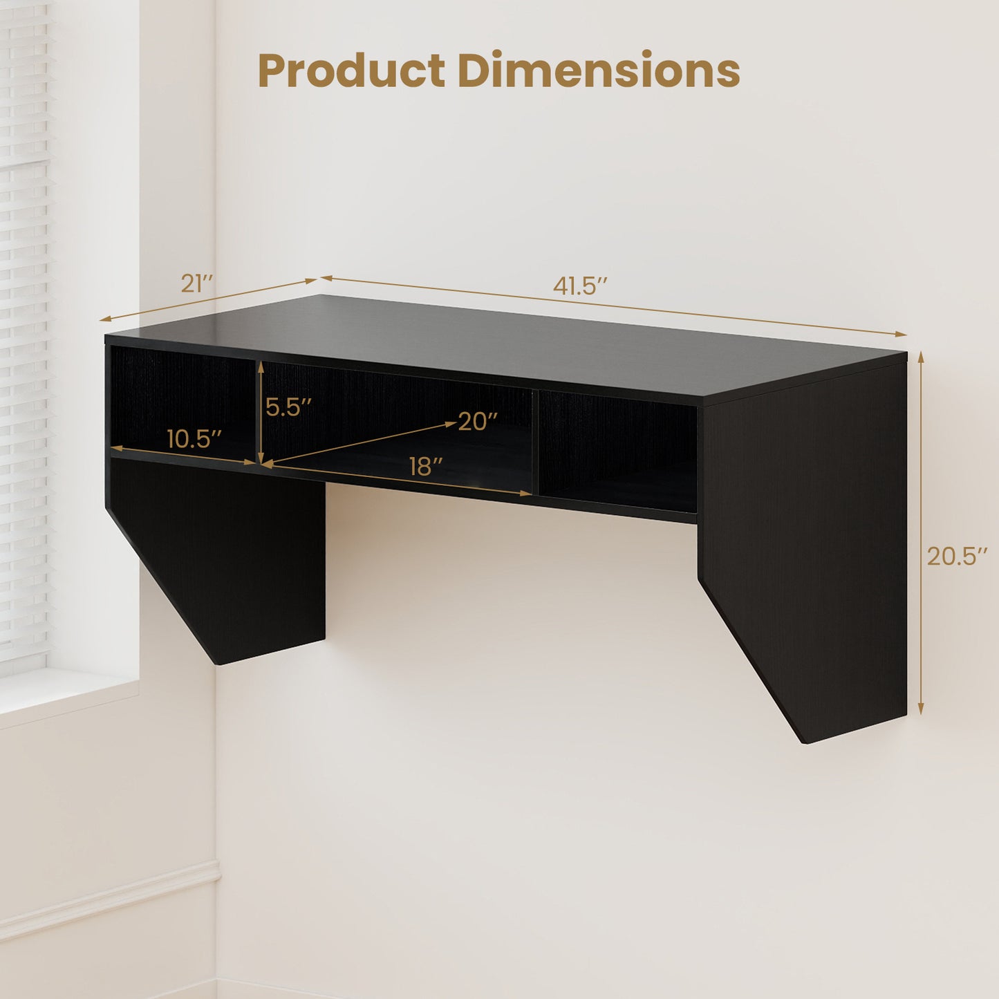 Wall-Mounted Computer Desk Floating Laptop Desk with 3 Storage Compartments-Black