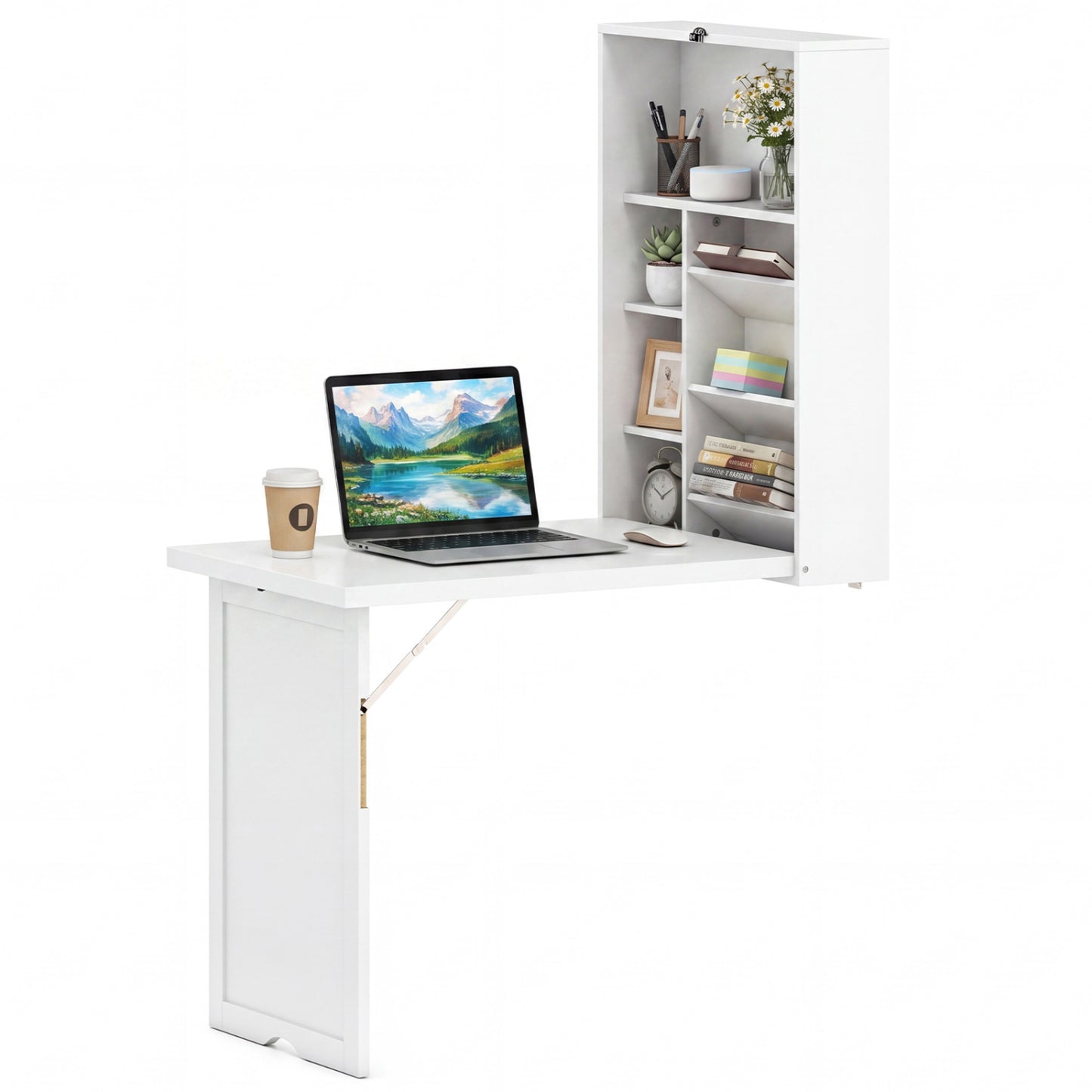 Wall Mounted Fold-Out Convertible Floating Desk Space Saver-Black - White