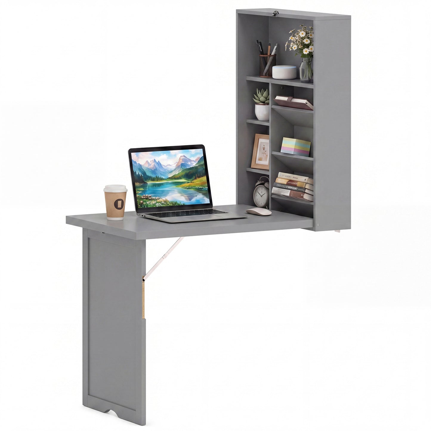 Wall Mounted Fold-Out Convertible Floating Desk Space Saver-Black - Gray