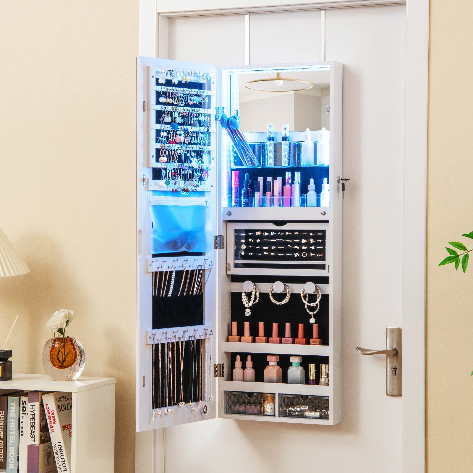 Wall Mounted Jewelry Cabinet with Full-Length Mirror-White