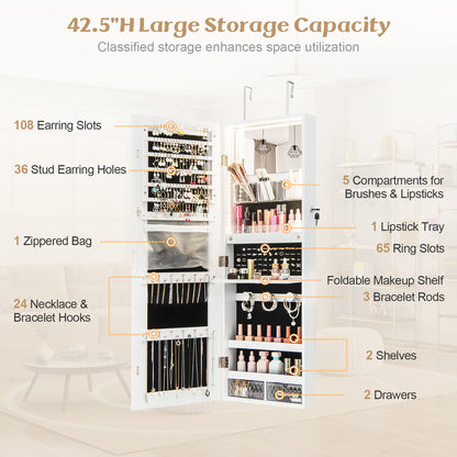 Wall Mounted Jewelry Cabinet with Full-Length Mirror-White