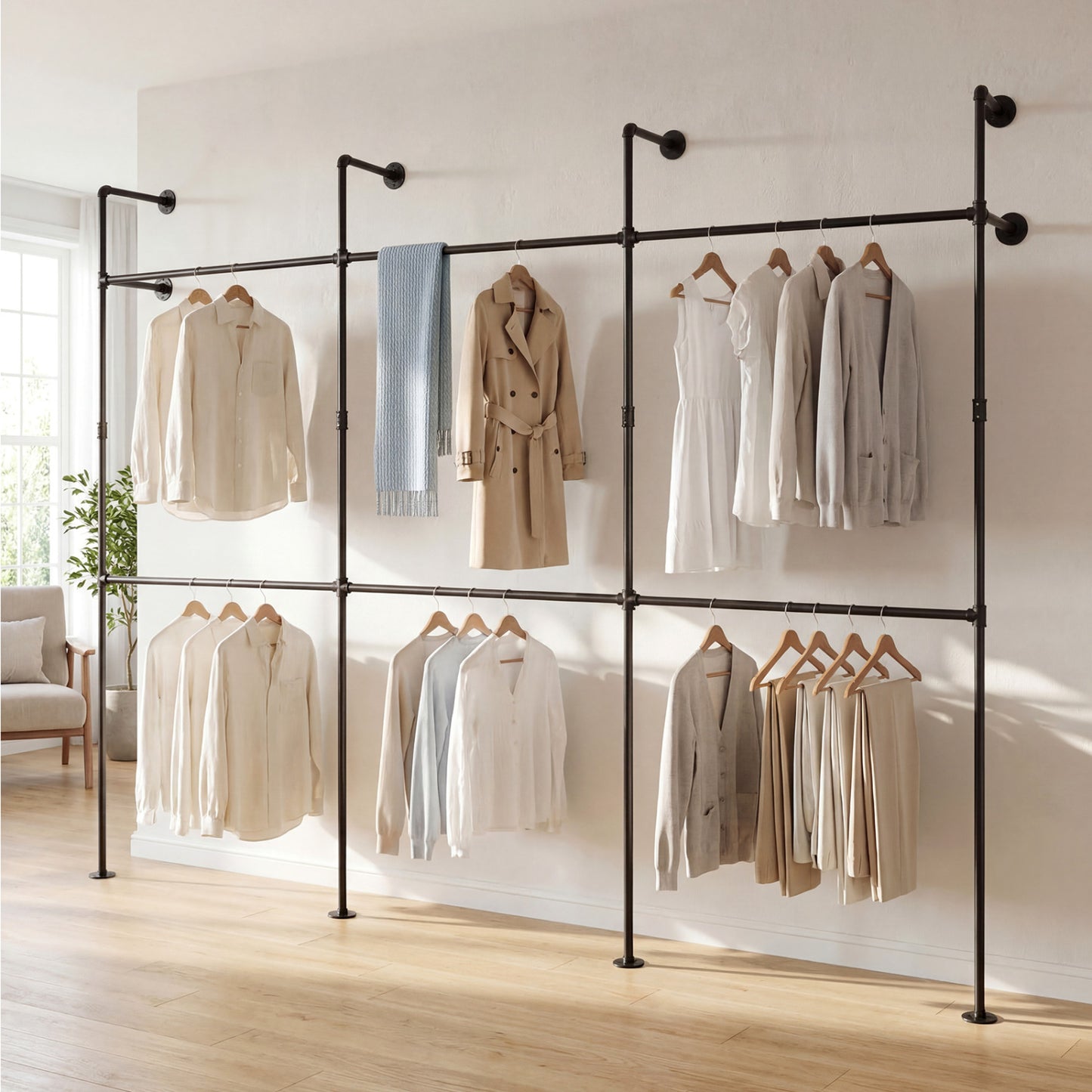 Wall Mounted Pipe Clothing Rack with 6 Hanging Rods