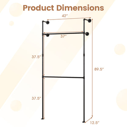 Wall Mounted Pipe Clothing Rack with 2 Hanging Rods