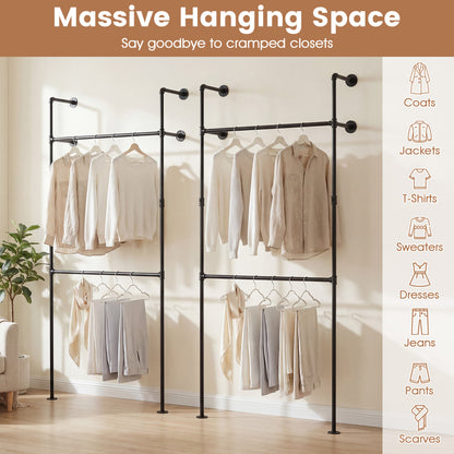 Wall Mounted Pipe Clothing Rack with 2 Hanging Rods