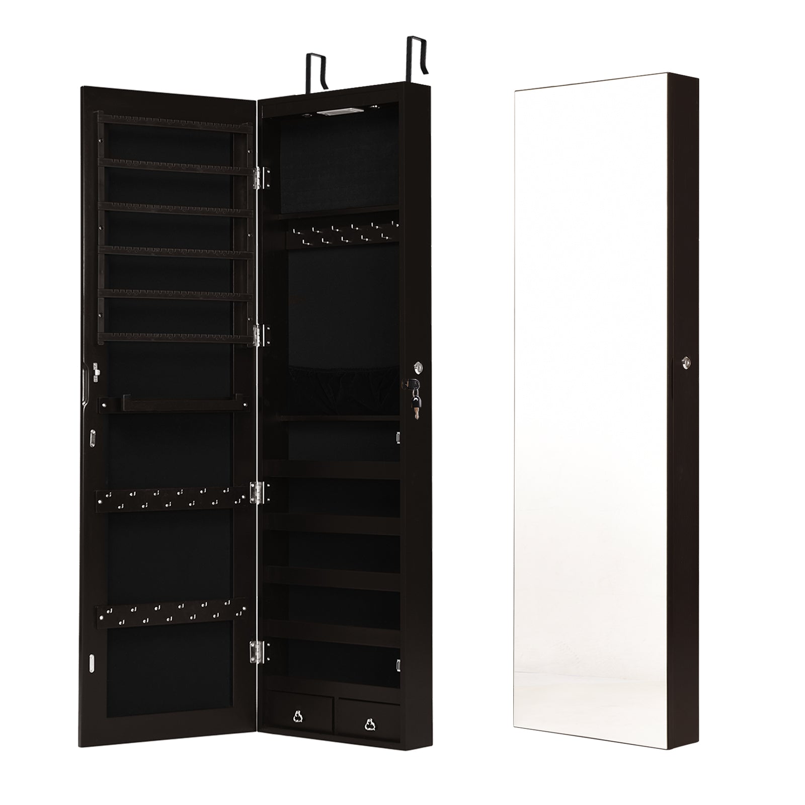 Wall and Door Mounted Mirrored Jewelry Cabinet with Lights-Navy - Brown