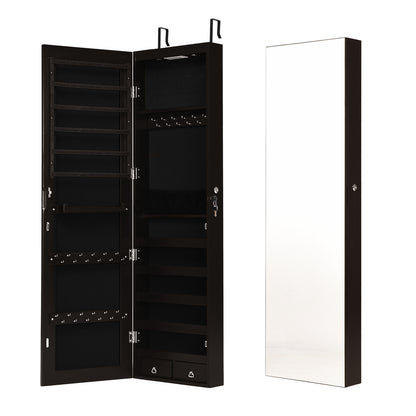 Wall and Door Mounted Mirrored Jewelry Cabinet with Lights-Navy - Brown