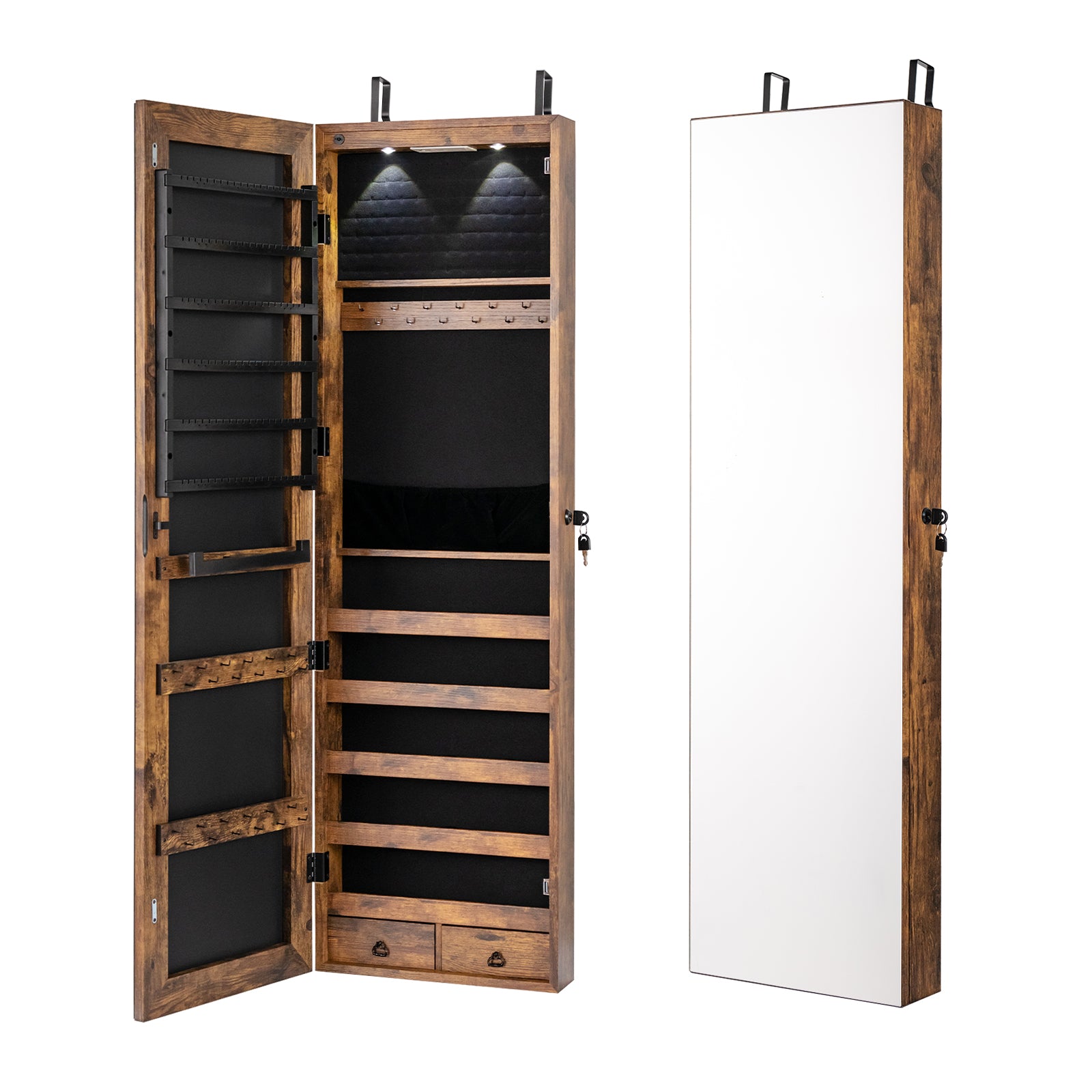 Wall and Door Mounted Mirrored Jewelry Cabinet with Lights-Navy - Rustic Brown