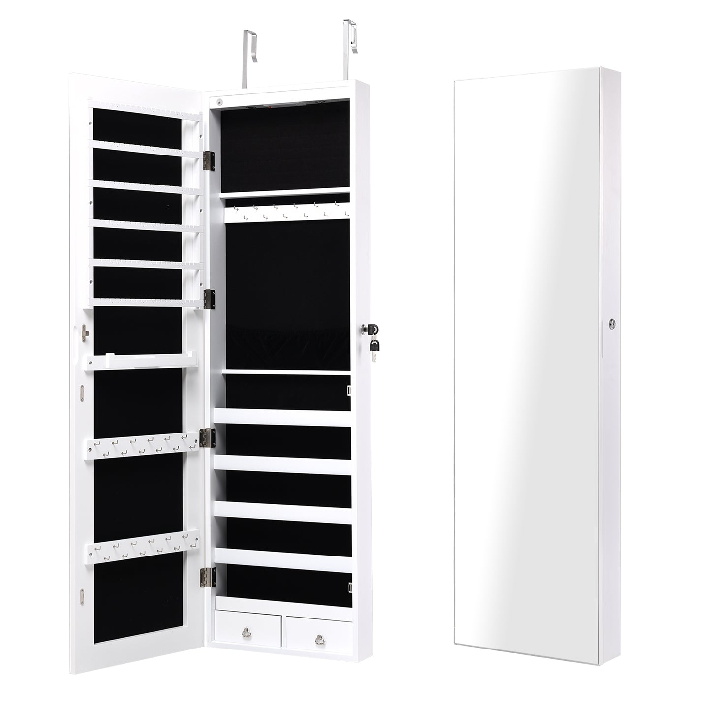 Wall and Door Mounted Mirrored Jewelry Cabinet with Lights-Navy - White