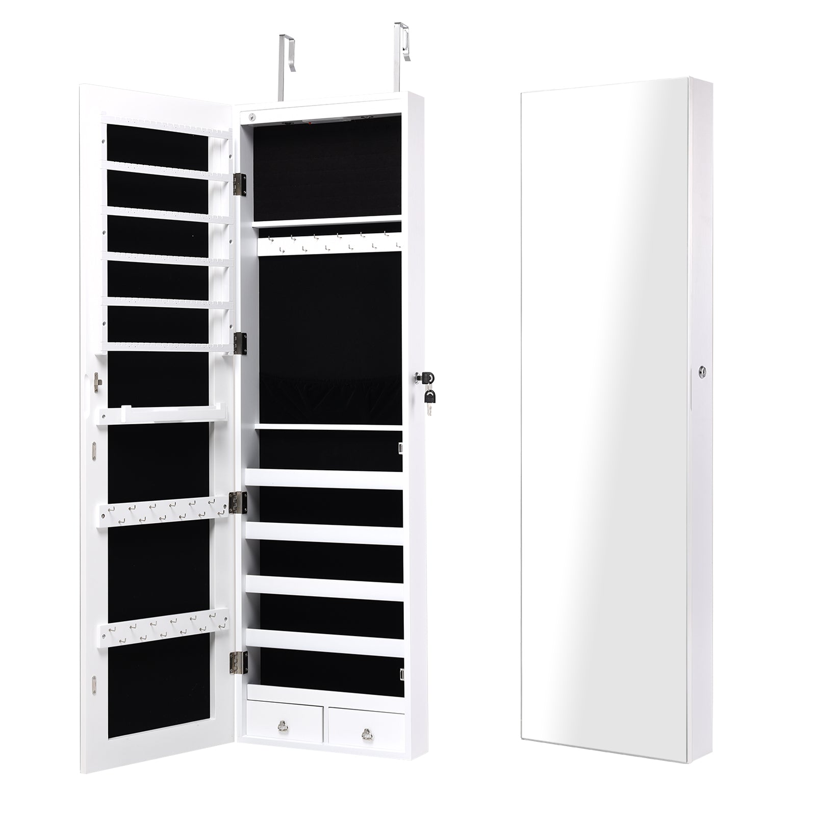 Wall and Door Mounted Mirrored Jewelry Cabinet with Lights-Navy - White