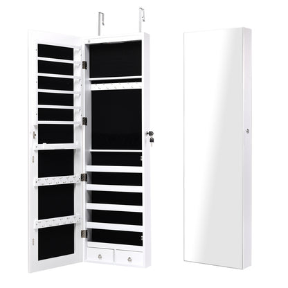 Wall and Door Mounted Mirrored Jewelry Cabinet with Lights-Navy - White