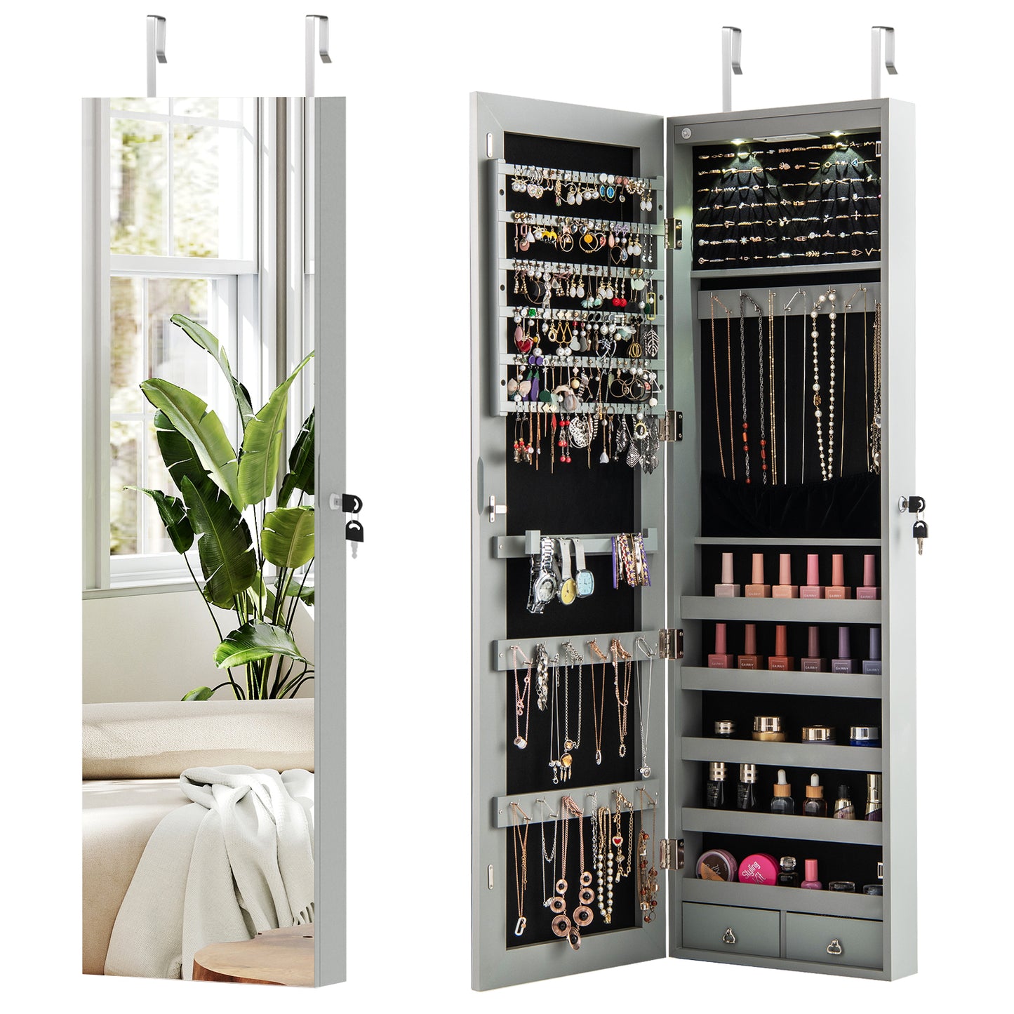 Wall and Door Mounted Mirrored Jewelry Cabinet with Lights-Navy - Gray