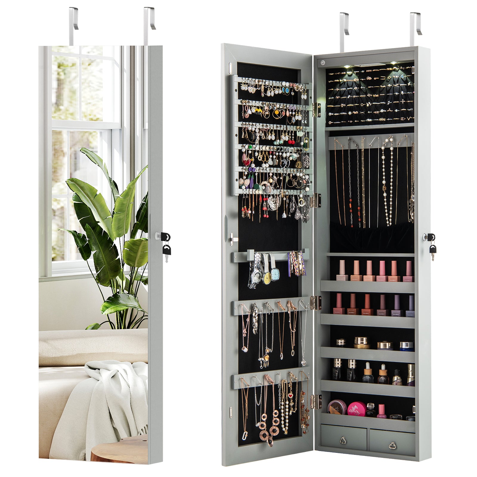 Wall and Door Mounted Mirrored Jewelry Cabinet with Lights-Navy - Gray