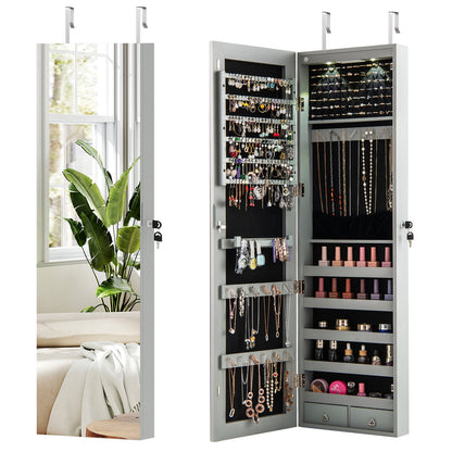 Wall and Door Mounted Mirrored Jewelry Cabinet with Lights-Navy - Gray