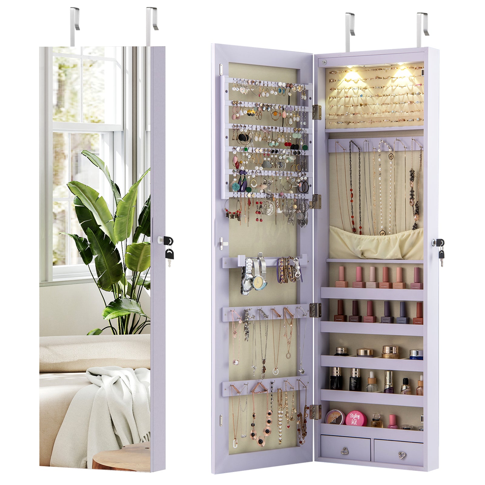 Wall and Door Mounted Mirrored Jewelry Cabinet with Lights-Navy - Purple