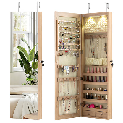 Wall and Door Mounted Mirrored Jewelry Cabinet with Lights-Navy - Natural