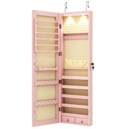 Wall and Door Mounted Mirrored Jewelry Cabinet with Lights-Navy - Pink