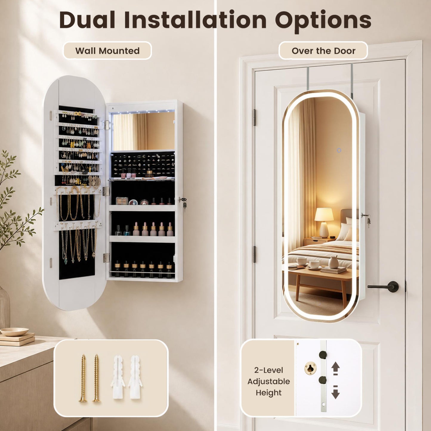 Wall & Door Mounted Jewelry Cabinet with LED Mirror - White