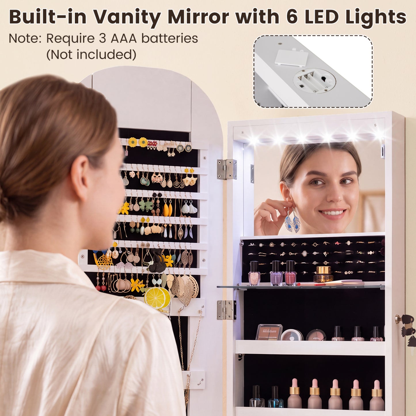 Wall & Door Mounted Jewelry Cabinet with LED Mirror - White