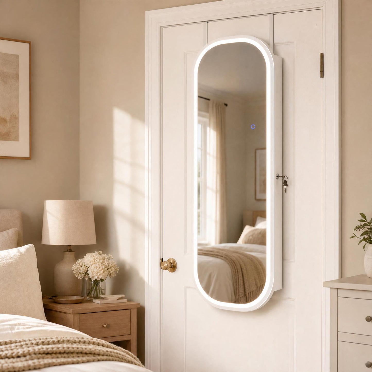 Wall & Door Mounted Jewelry Cabinet with LED Mirror - White