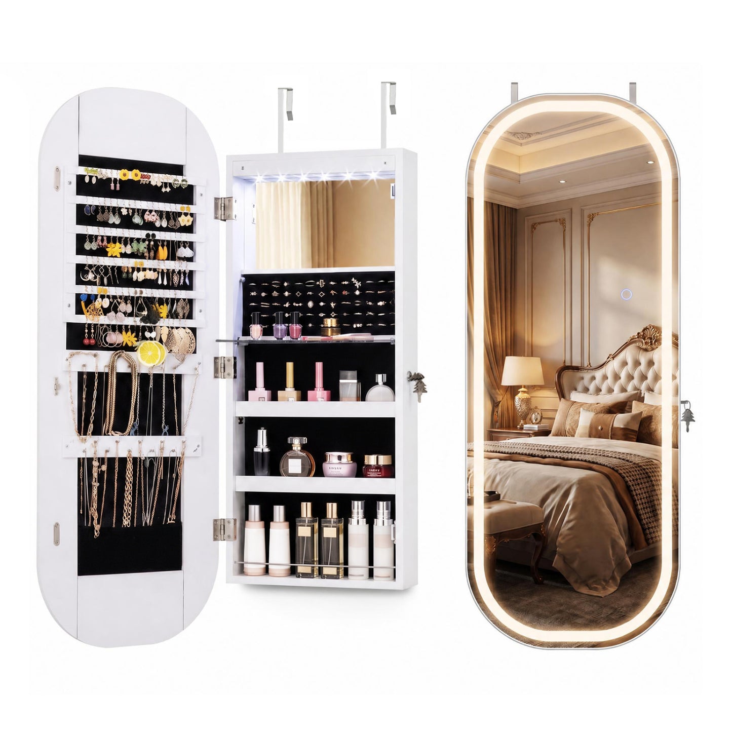 Wall & Door Mounted Jewelry Cabinet with LED Mirror - White
