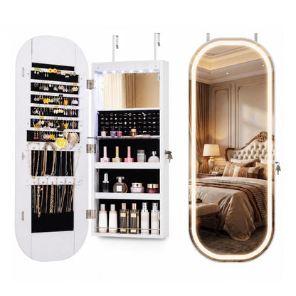 Wall & Door Mounted Jewelry Cabinet with LED Mirror - White
