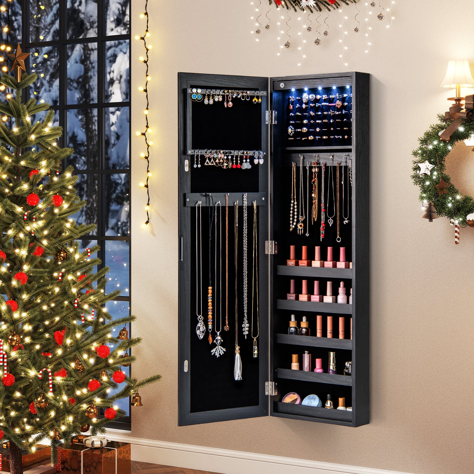 Wall or Door Mounted Jewelry Cabinet with Full-Length Mirror and LED Lights-Black