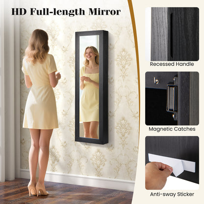 Wall or Door Mounted Jewelry Cabinet with Full-Length Mirror and LED Lights-Black