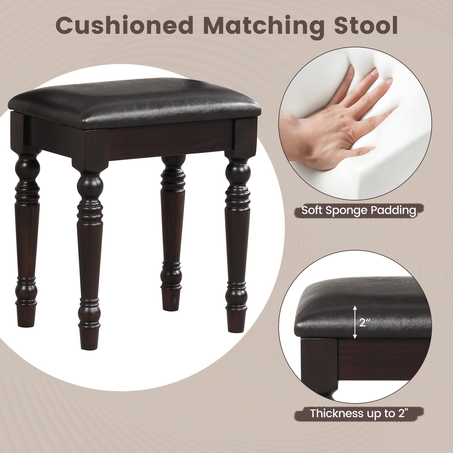 Makeup Vanity Table and Stool Set with Detachable Mirror and 3 Drawers Storage-Walnut