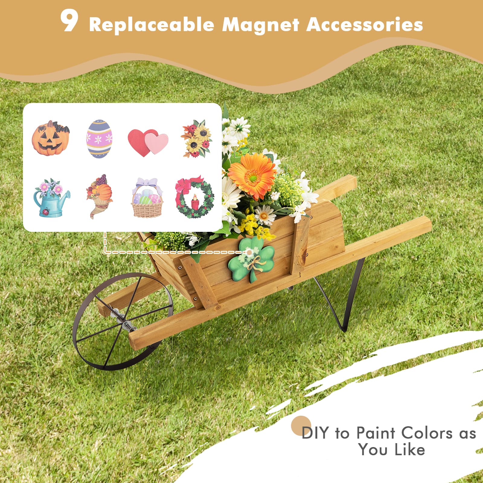 Wooden Wagon Planter with 9 Magnetic Accessories for Garden Yard-Walnut - Walnut