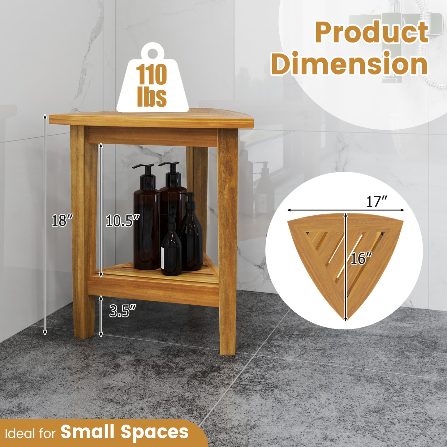 18 Inches Waterproof Shower Stool with Storage Shelf