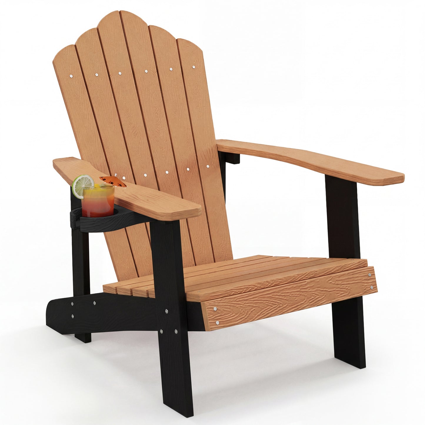 Weather Resistant HIPS Outdoor Adirondack Chair with Cup Holder-Green - Brown