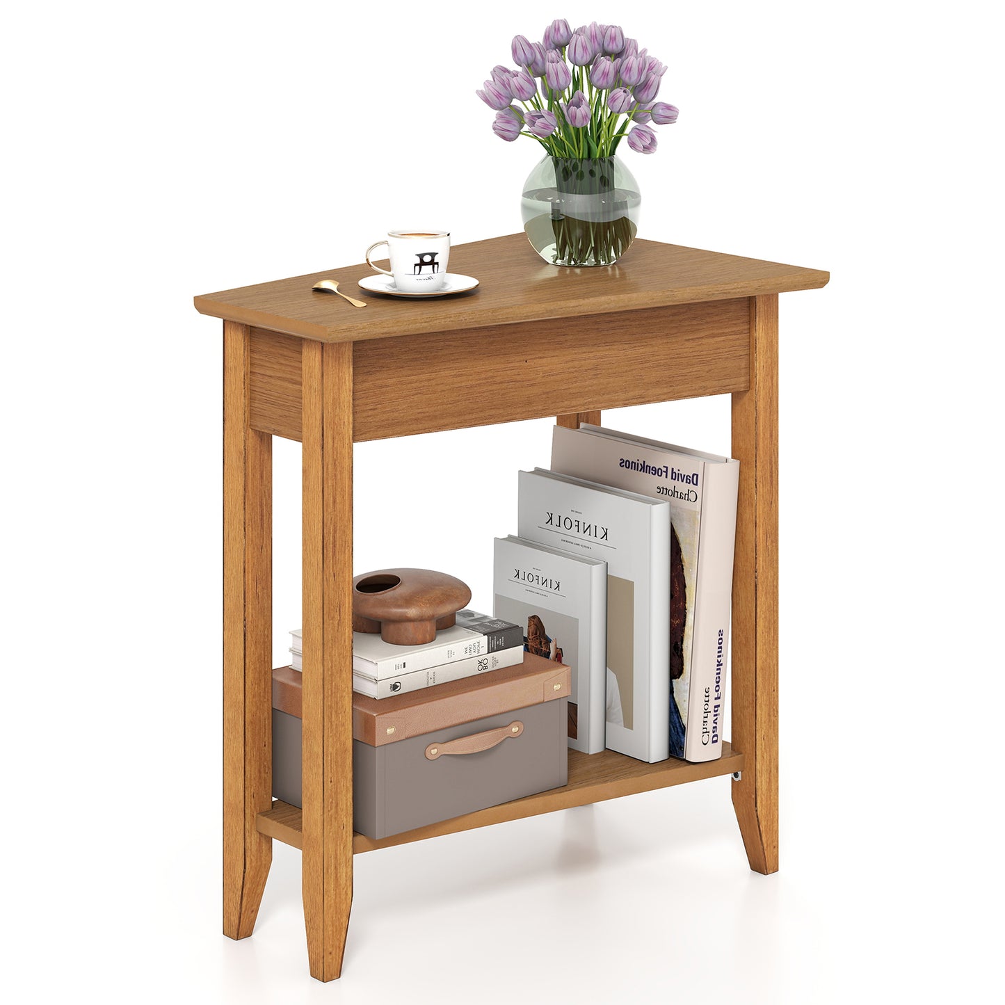 2-Tier Wedge Narrow End Table with Storage Shelf and Solid Wood Legs-White - Walnut