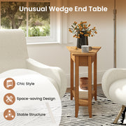 2-Tier Wedge Narrow End Table with Storage Shelf and Solid Wood Legs-Walnut