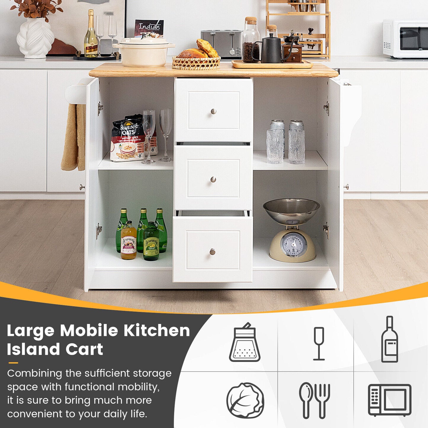 2-Door Large Mobile Kitchen Island Cart with Hidden Wheelsand 3 Drawers-White