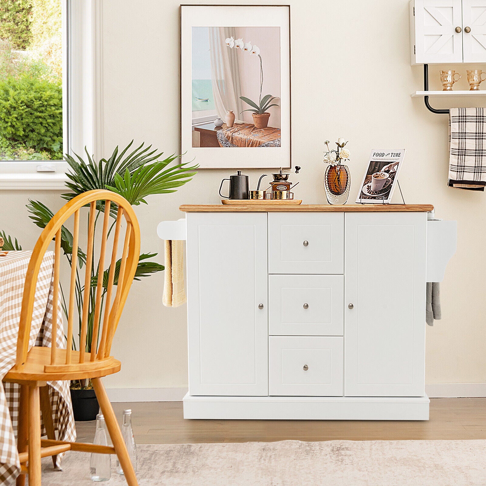 2-Door Large Mobile Kitchen Island Cart with Hidden Wheelsand 3 Drawers-White