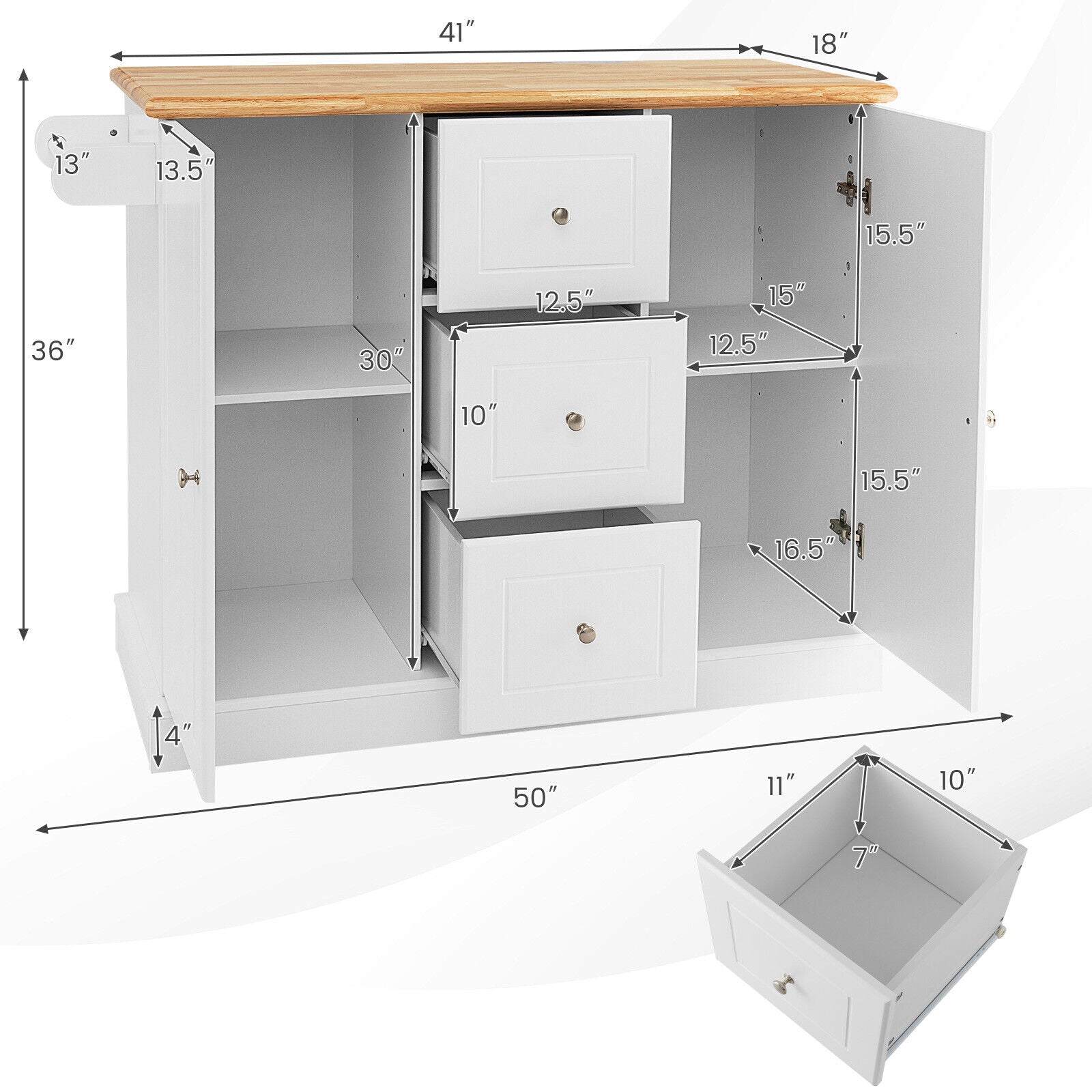 2-Door Large Mobile Kitchen Island Cart with Hidden Wheelsand 3 Drawers-White