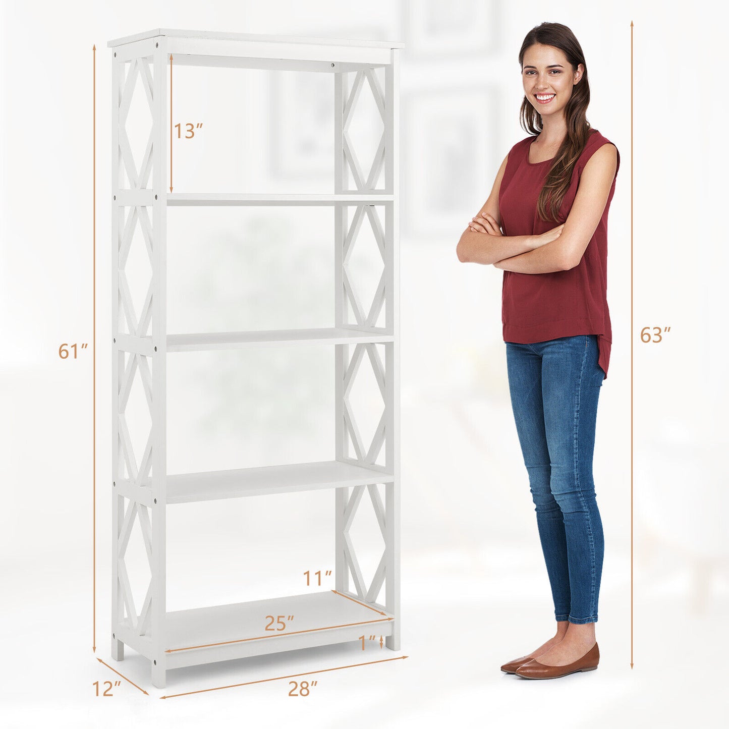 5-Tier Modern Freestanding Bookcase with Open Shelves-White