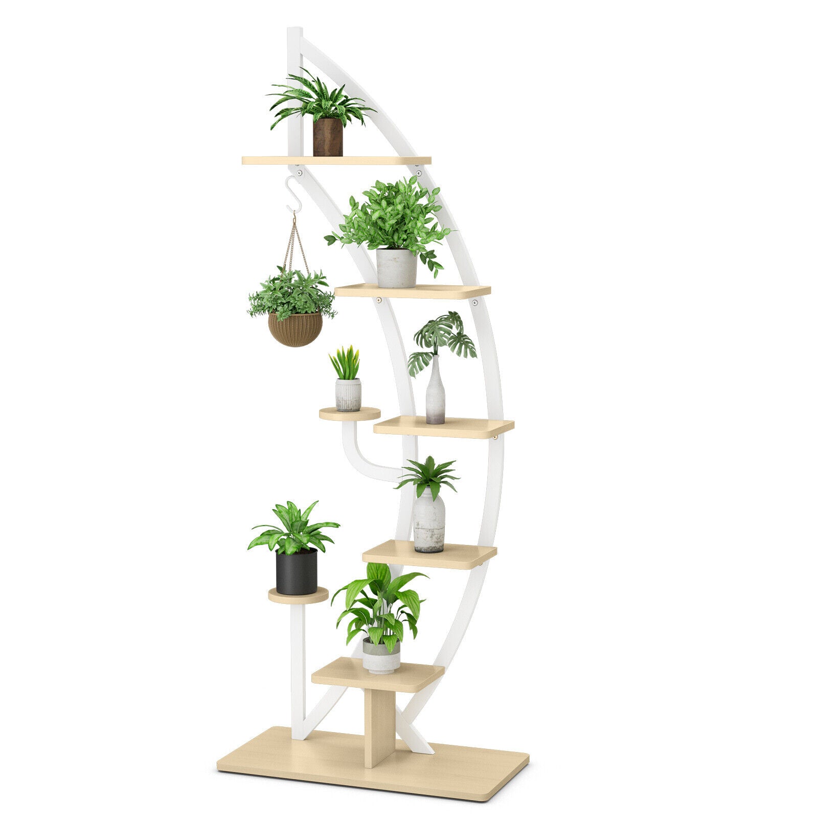 6 Tier 9 Potted Metal Plant Stand Holder Display Shelf with Hook-Natural - White